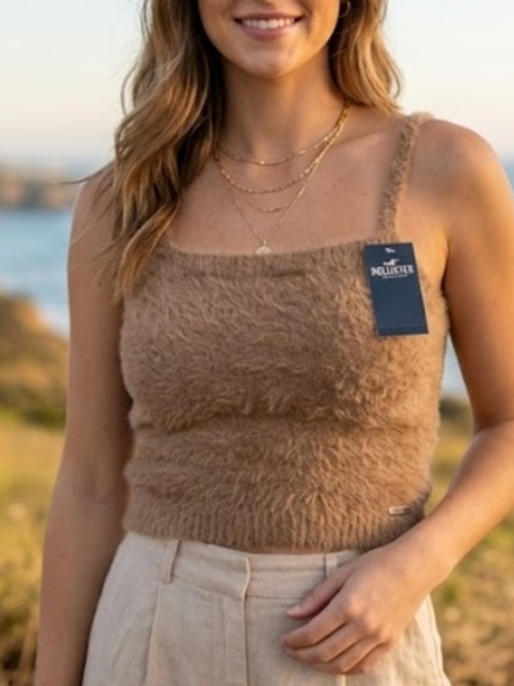 Hollister Plush Faux-Fur Tank Top in Camel Brown